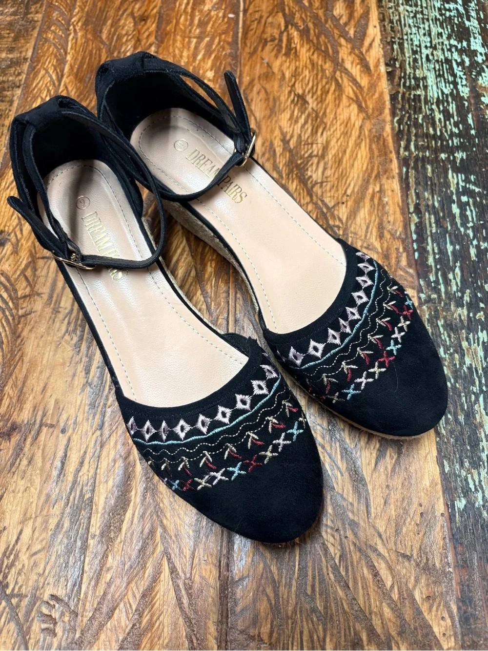Dream Pairs Black Faux Suede Embroidered Espadrille Wedge Ankle Strap Sandals 9